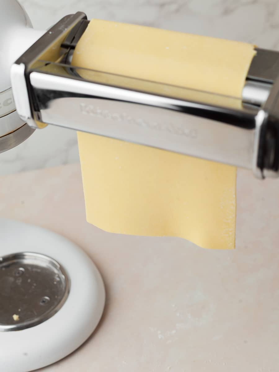 gluten free pasta dough in the pasta roller