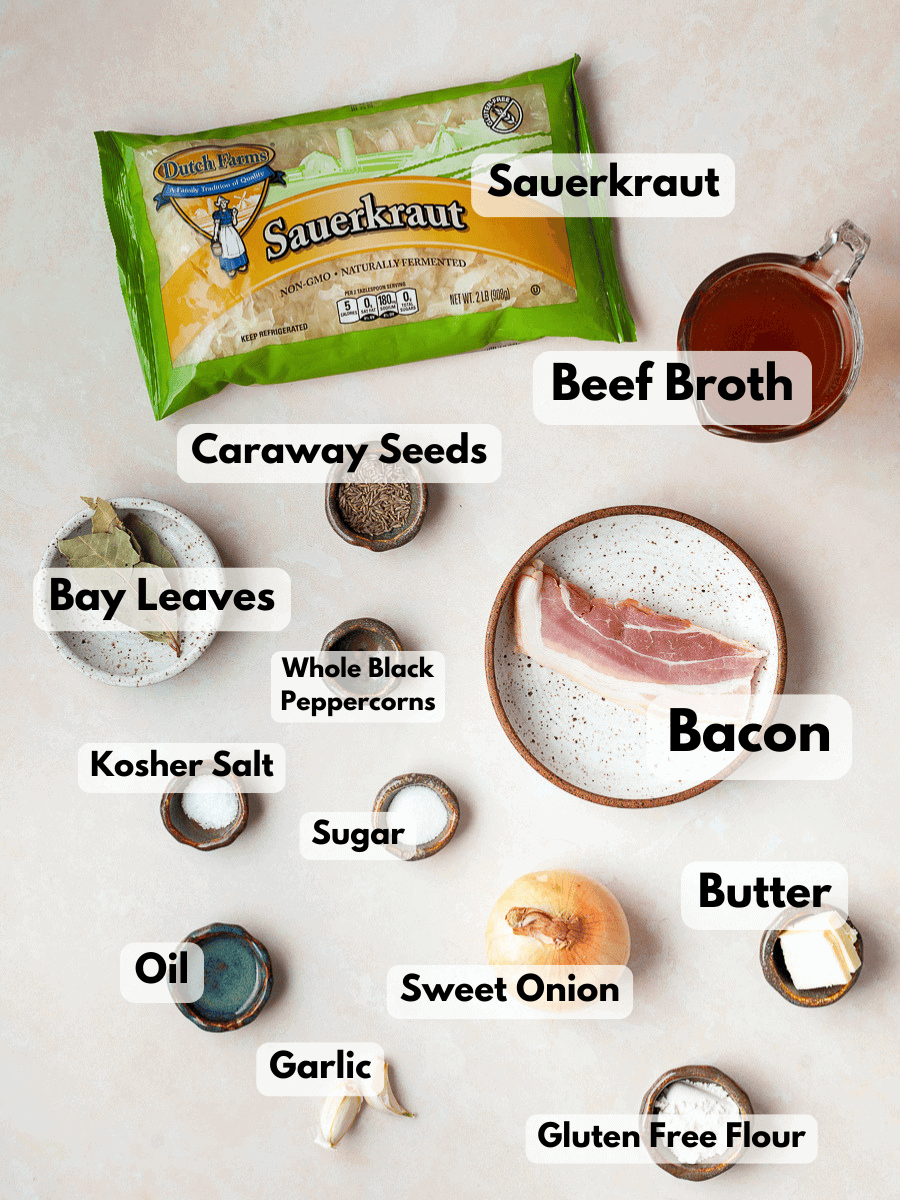 a collage of ingredients needed to make cooked sauerkraut with gluten free ingredients