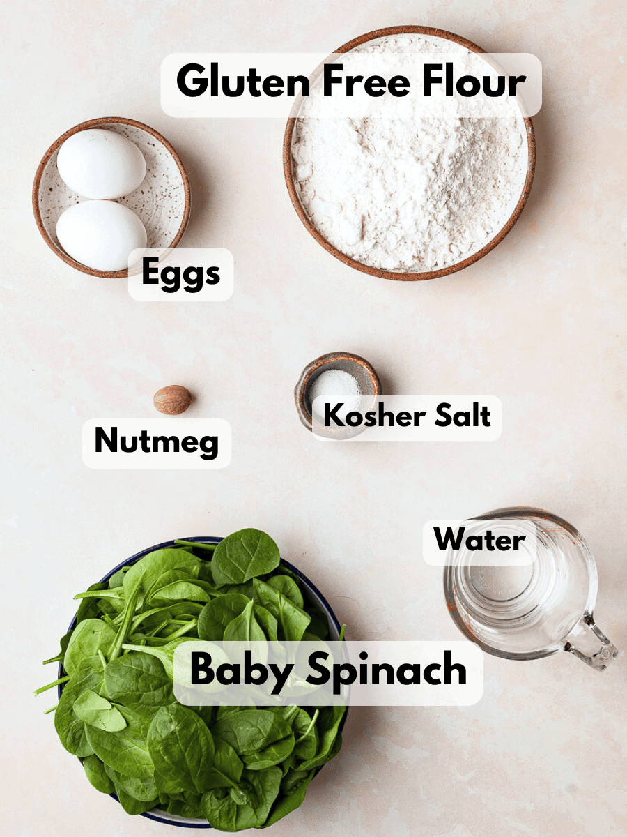a collage of ingredients needed to make Gluten Free Spinach Spätzle