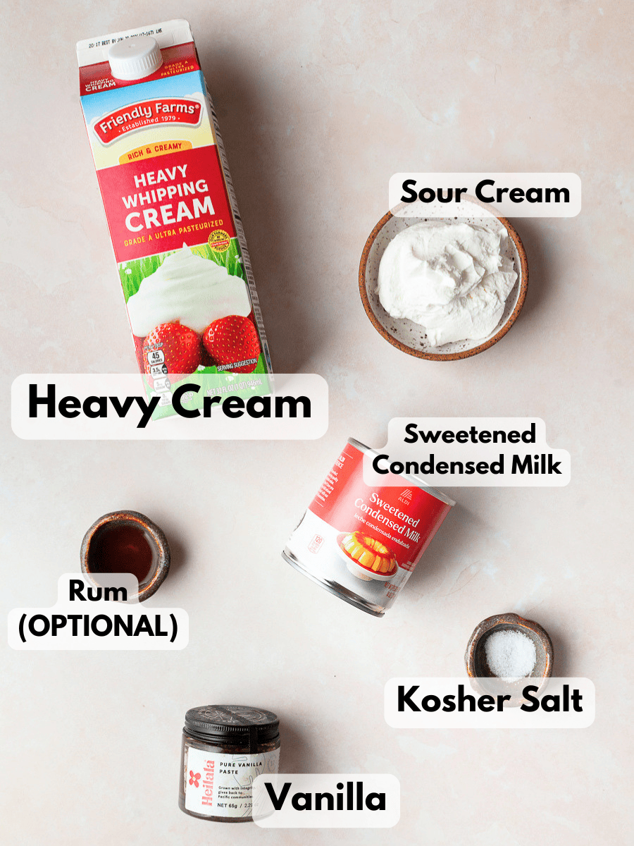 A collage of ingredients needed to make gluten free no churn vanilla ice cream