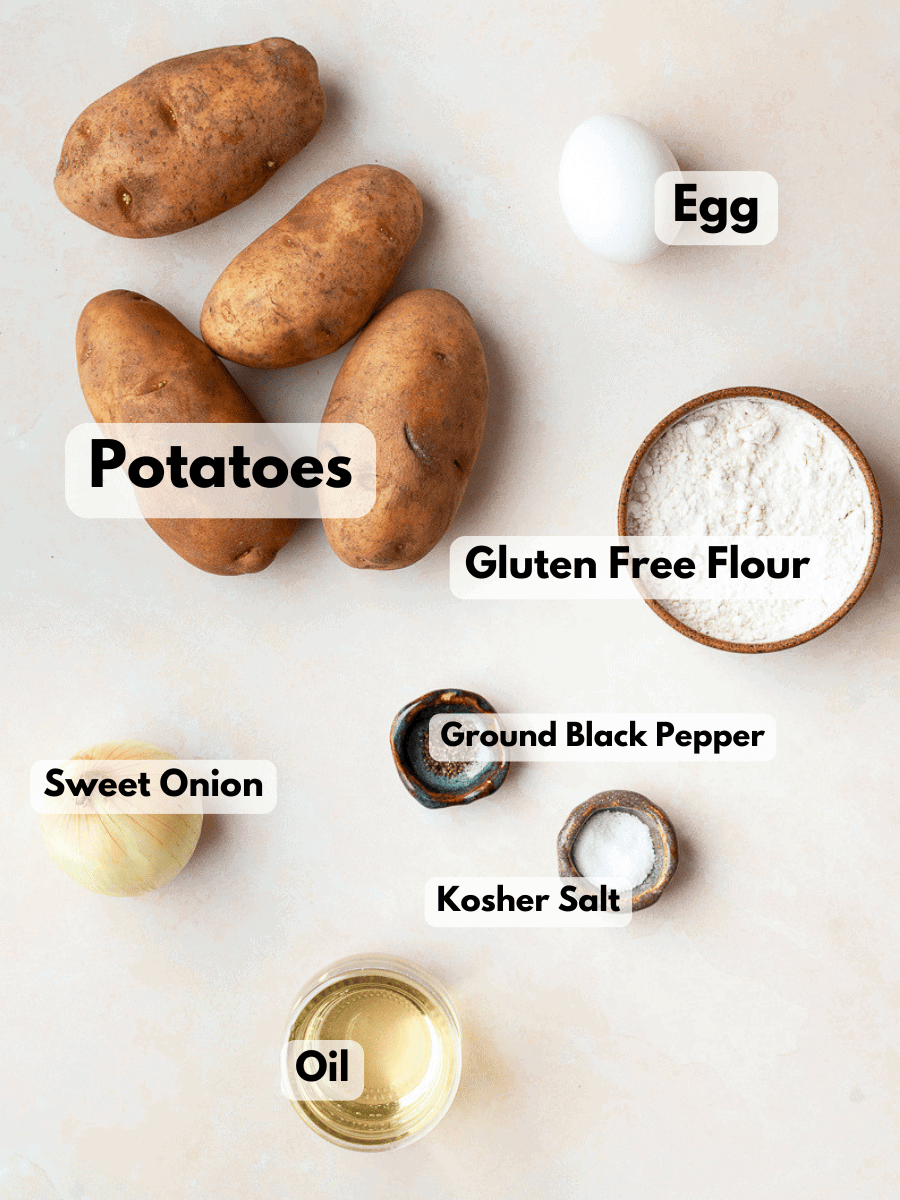 a collage of ingredients needed to make gluten free potato pancakes (austrian kartoffelpuffer)