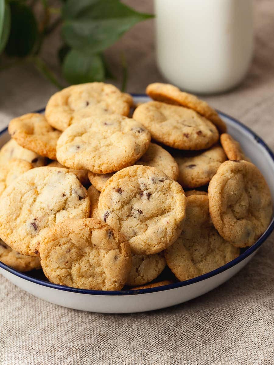 mini chocolate chip cookies made with gluten free ingredients in a white bowl