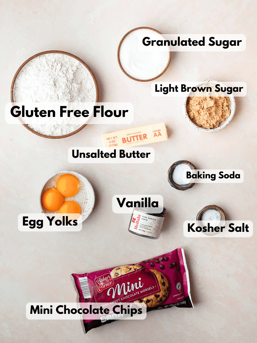 a collage of ingredients needed to make thin & crispy gluten free chocolate chip cookies
