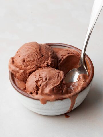 gluten free no churn chocolate ice cream in a small bowl with a spoon