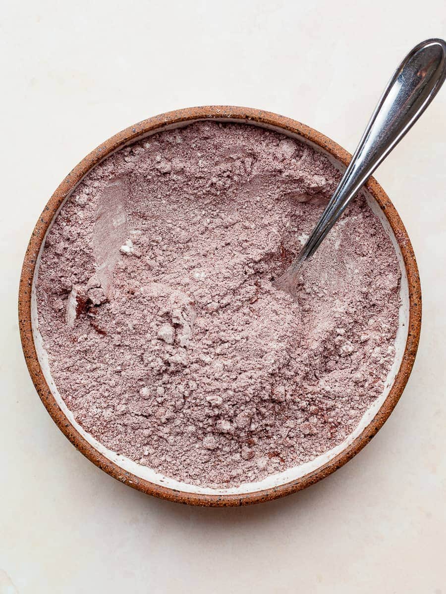 dry ingredients needed for chocolate waffle cones in a bowl