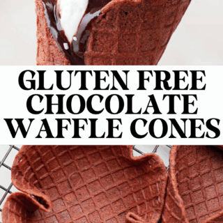 Gluten Free Chocolate Waffle Cones that are crisp, crunchy, and full of rich cocoa flavor. These homemade waffle cones are made from scratch with simple ingredients and roll easily into the perfect ice cream cones. A fun summer dessert idea for serving with your favorite ice cream, gelato, or frozen treats. Better than store-bought and completely gluten free, these chocolate waffle cones are perfect for ice cream season, homemade desserts, and party treats. Save this recipe for later!