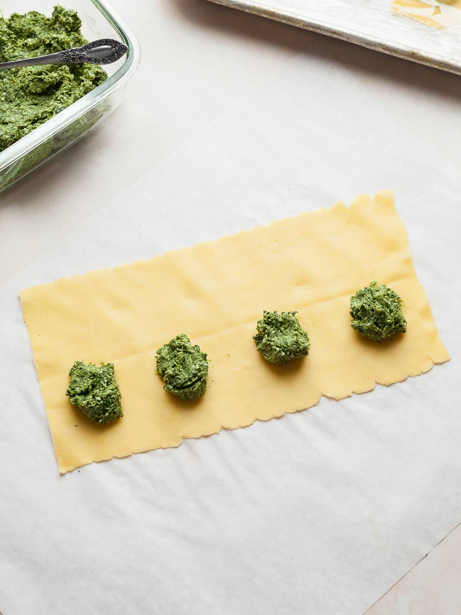 spinach filling on the pasta sheet