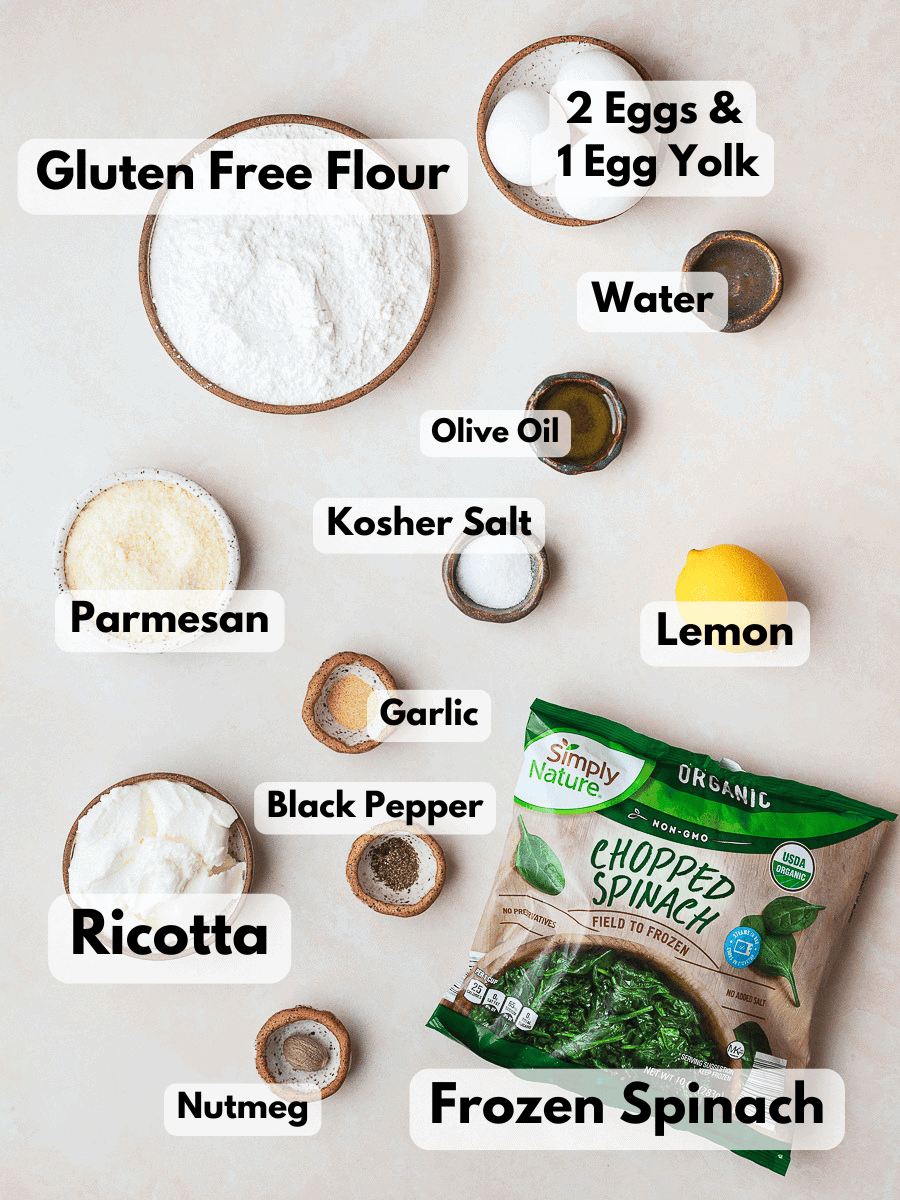 a collage of ingredients needed to make gluten free spinach ricotta ravioli