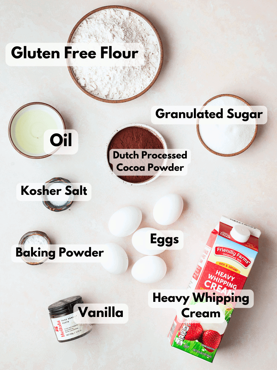 a collage of ingredients needed to make a gluten free whipped cream cake