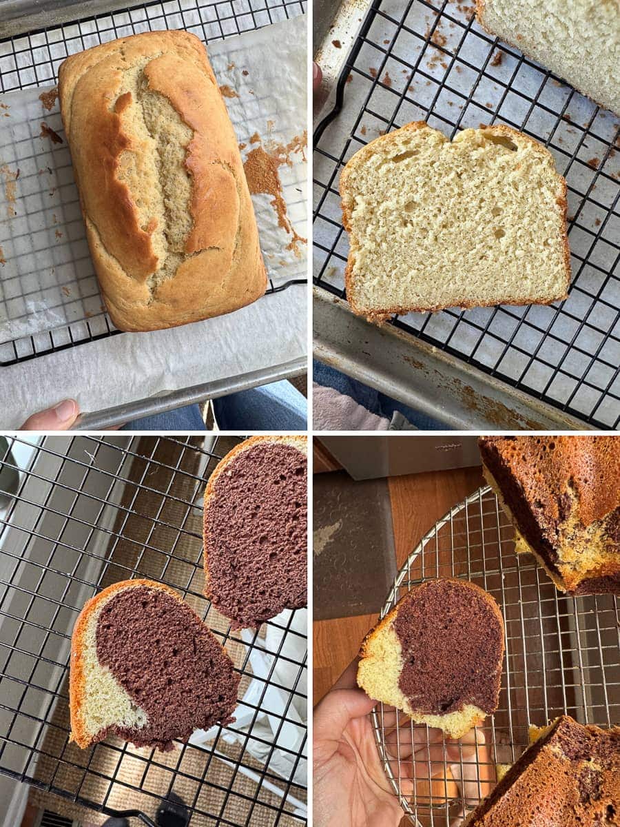 a collage of images from testing this recipe for whipped cream cake made with gluten free ingredients