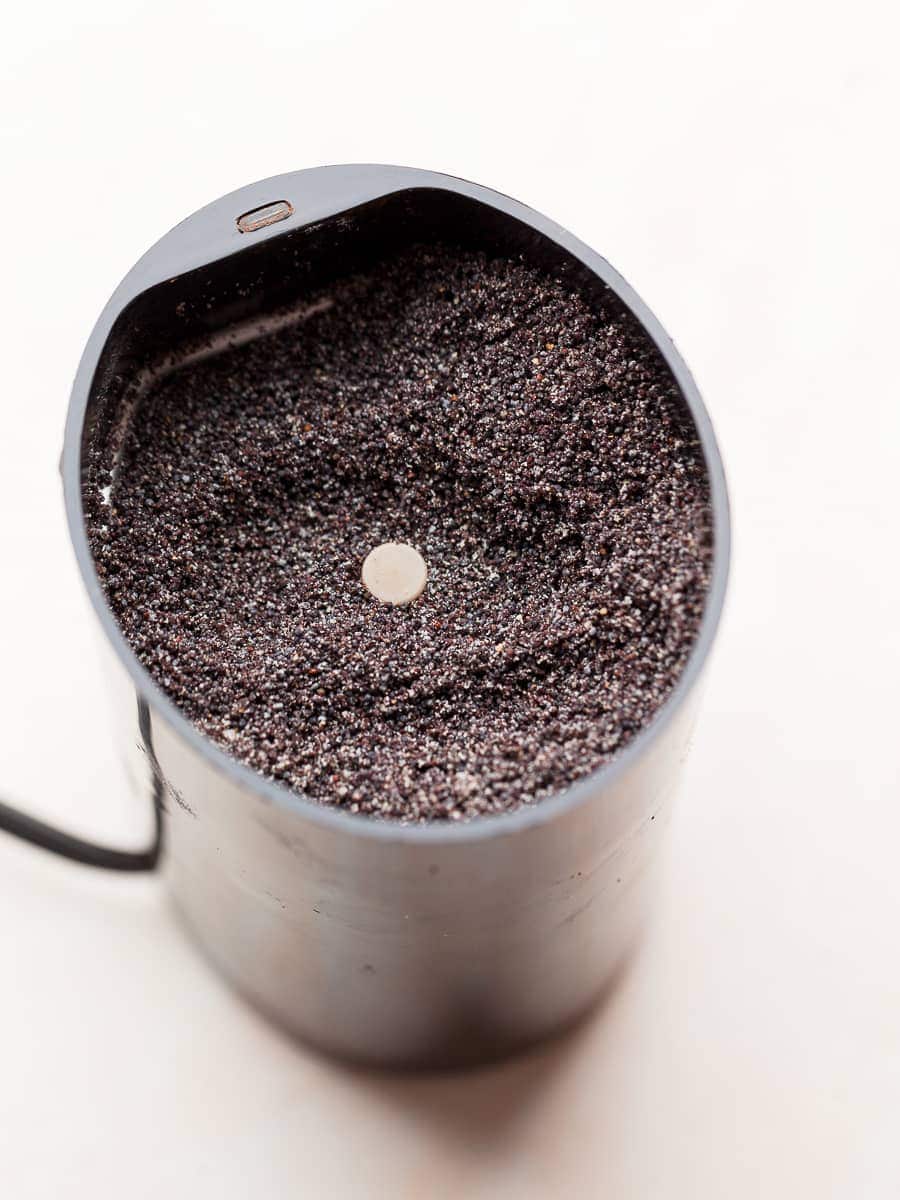 ground poppy seeds in coffee grinder