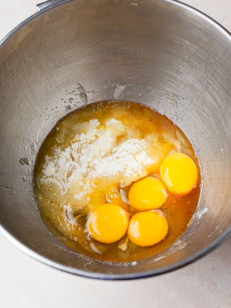 lemon sugar, eggs and oil in the bowl of the stand mixer