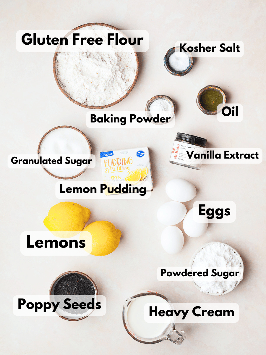 a collage of ingredients needed to make a gluten free lemon poppy seed loaf