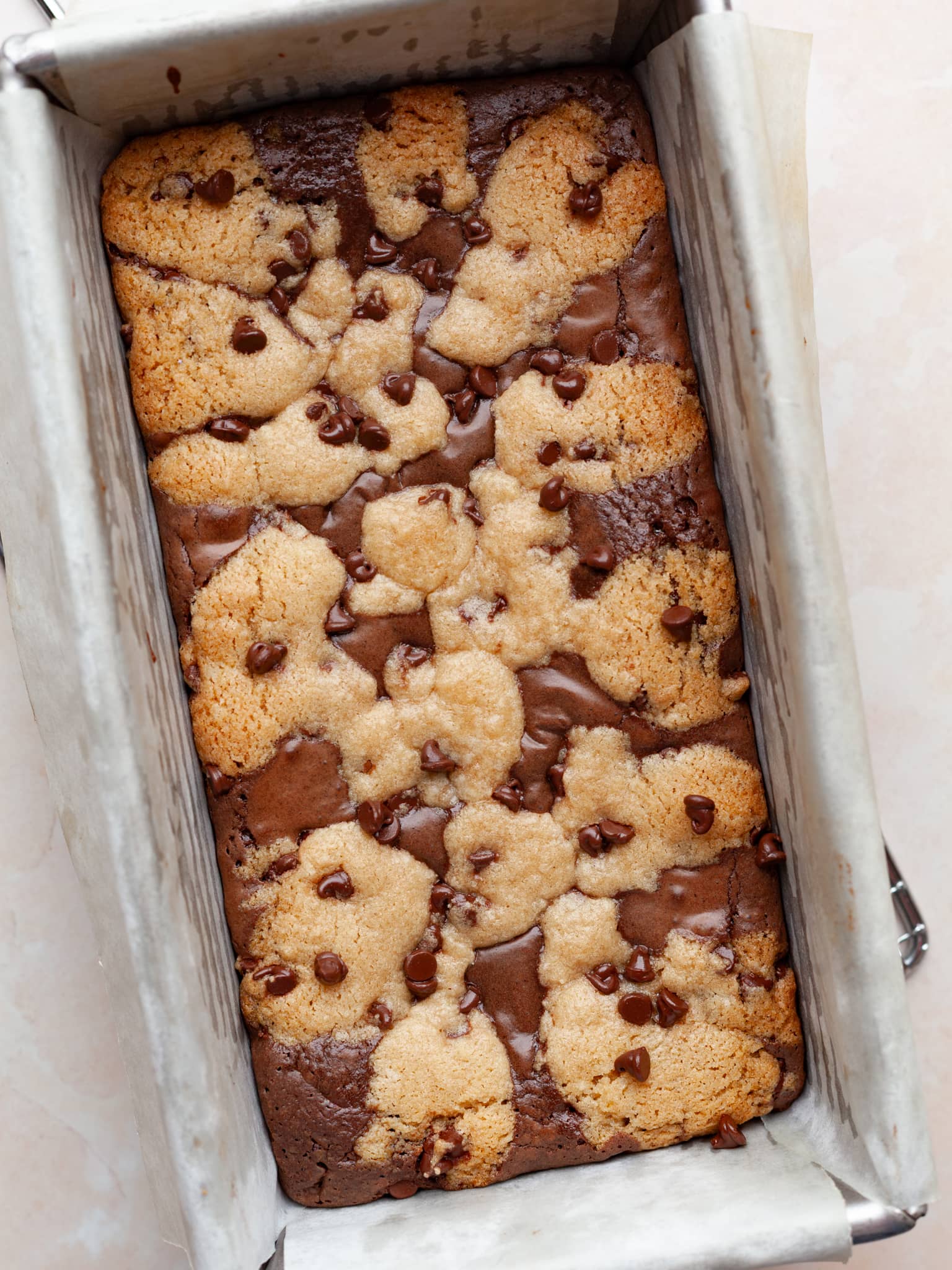 baked gluten free brookies in a standard loaf pan