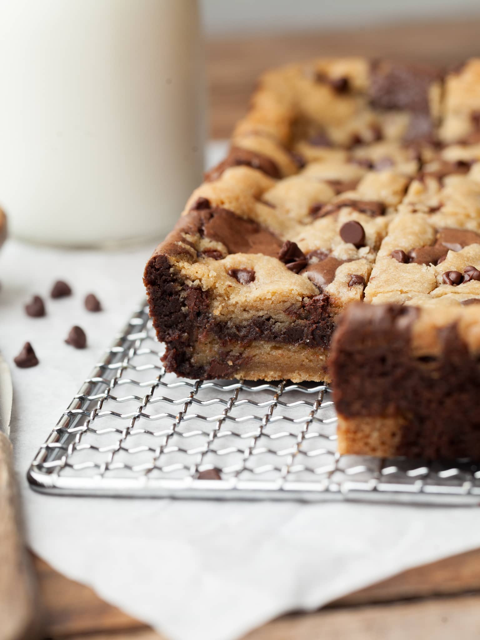 sliced gluten free brookies on a cooling rack