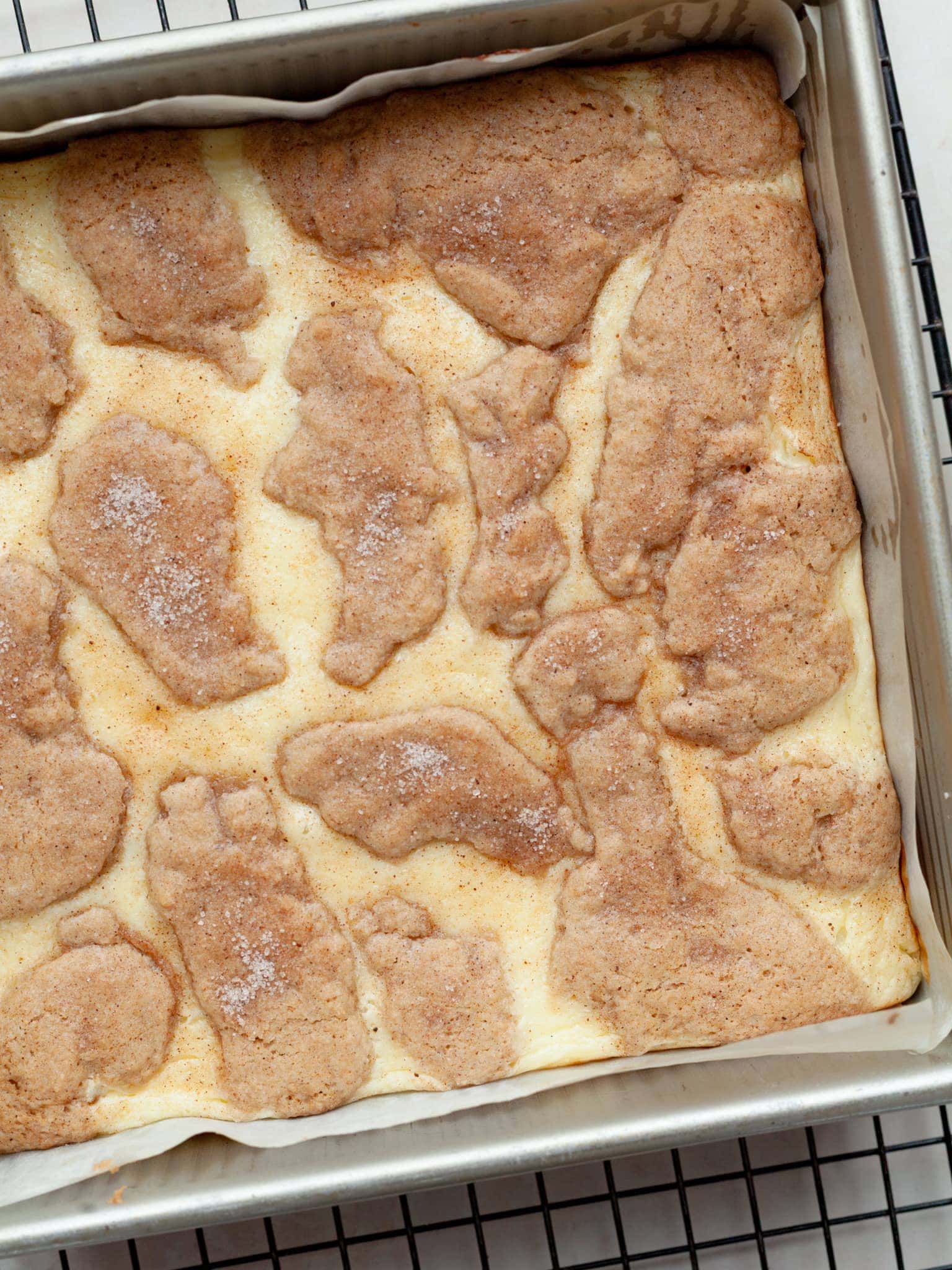 gluten free snickerdoodle cheesecake bars after baking