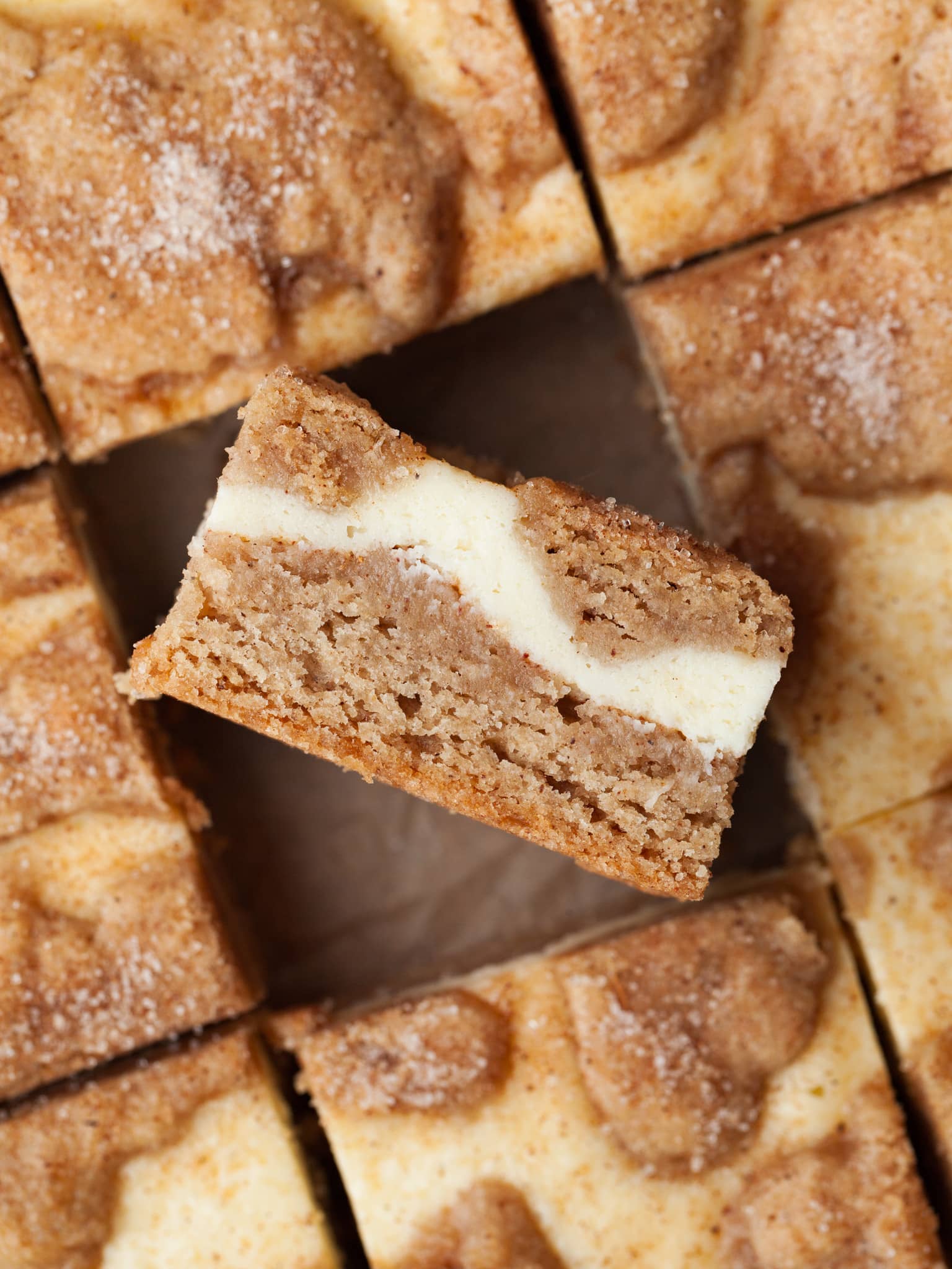 a slice of gluten free snickerdoodle cookie bar showing the layers