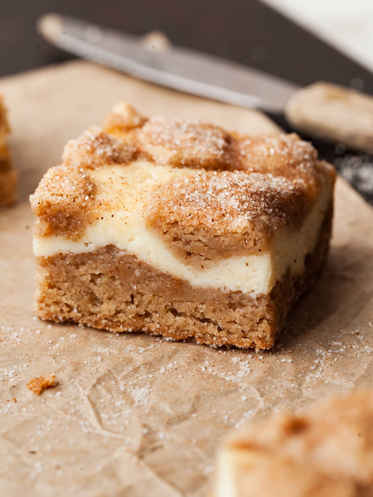 a slice of gluten free snickerdoodle cheesecake bars