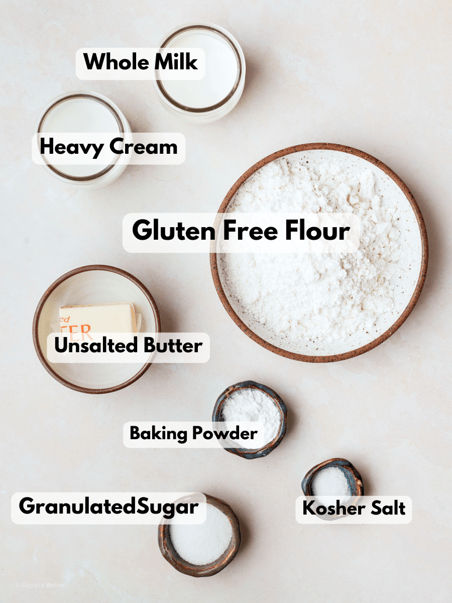 a collage of ingredients needed to make gluten free drop biscuits