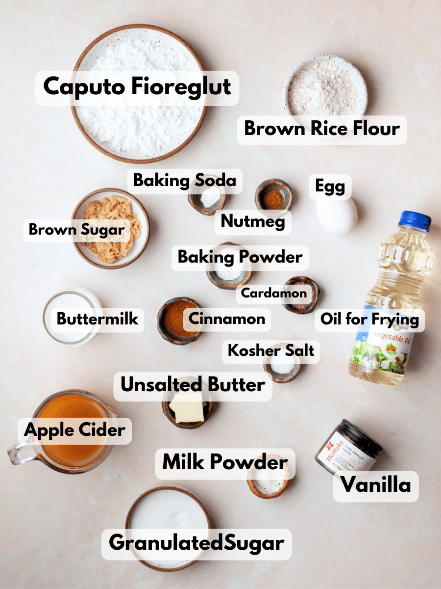 a collage of ingredients needed to make gluten free apple cider donut holes