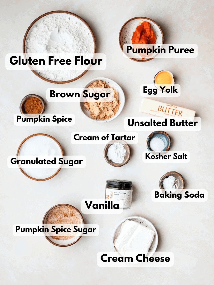a collage of ingredients needed to make gluten free pumpkin cheesecake snickerdoodles