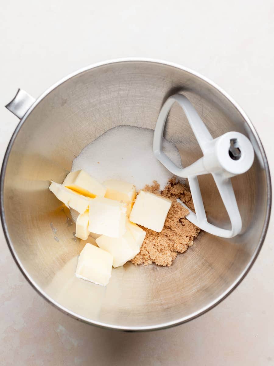 butter and sugars in a kitchenaid mixing bowl