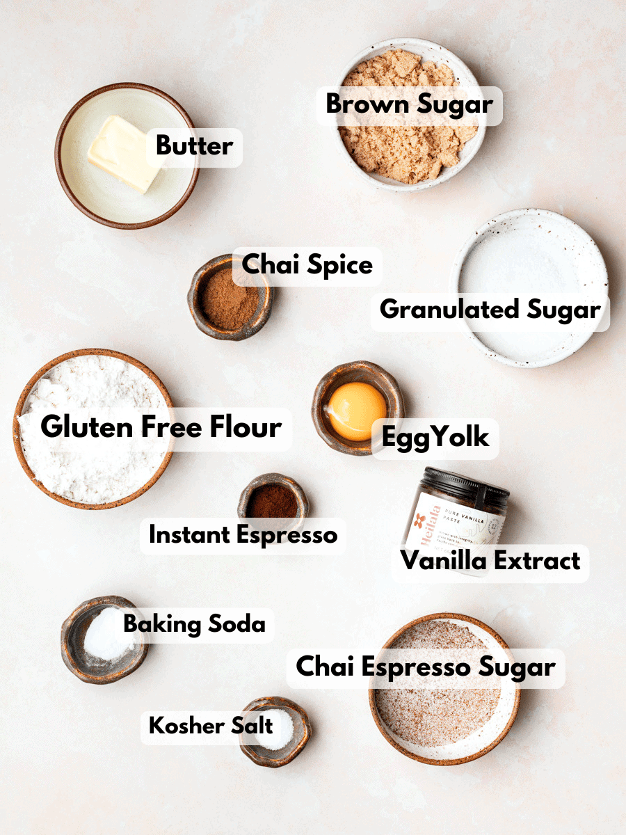 ingredients needed to make a small batch recipe for gluten free dirty chai cookies