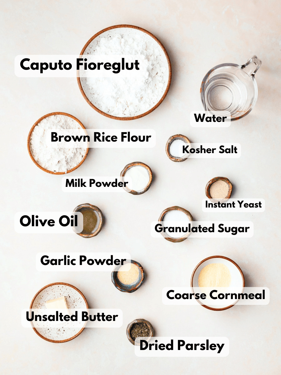 a collage of ingredients needed to make gluten free breadsticks